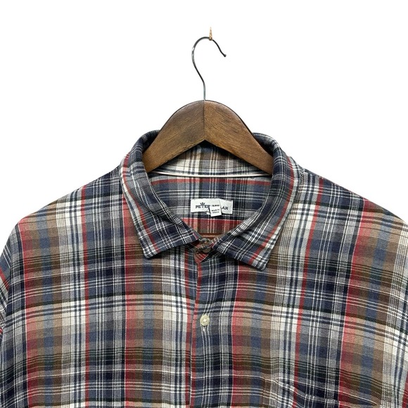 PETER MILLAR Mens Long Sleeve Button Up Shirt Size XXL 2XL Blue Red Plaid Pocket - Picture 1 of 7